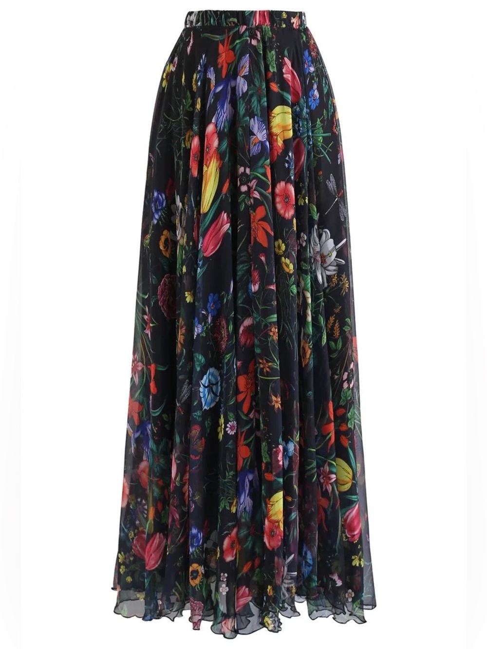 Chicwish Black Tropical Flowering Watercolor Chiffon Maxi Skirt XS